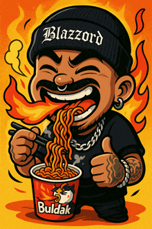 a cartoon of a man with a beanie that says blazzard eating buldak noodles