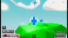 a screenshot of a video game with a green island and a blue cross with the number 128 on it