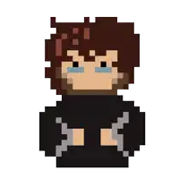 a pixel art of a man with his arms crossed and a purple letter s on his head .