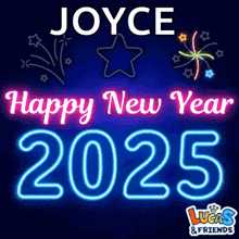 a neon sign that says joyce happy new year 2025