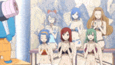 a group of anime girls are sitting on a bench