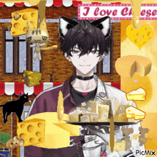 a picture of a boy with cat ears and a sign that says i love cheese