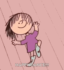 a cartoon of a girl in a purple dress jumping in the air with the words `` happy dance '' .