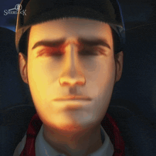 a close up of a man 's face with sherlock written on the bottom