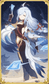 a girl with long white hair is holding a piece of paper
