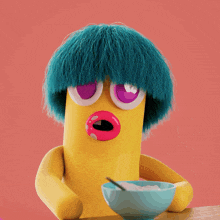 a cartoon character with blue hair and pink lips is eating cereal