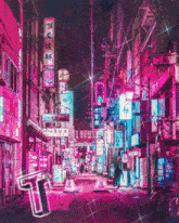 a neon sign that says ' t ' on it is in the middle of a city street