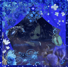 a woman is surrounded by blue flowers and a star