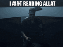 a man is reading a book in a dark room and the words i am reading allat are above him