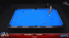 a pool table with us open written on the top