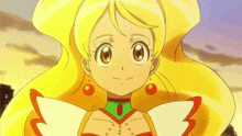 a cartoon girl with yellow hair and a red and green necklace
