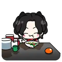 a cartoon of a girl eating a bowl of soup