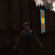 a man with a crown on his head is standing in front of a wooden wall