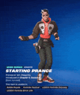 a video game character named starting prance is dancing with his arms outstretched
