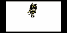 a black and yellow cartoon character with wings and horns is standing on a white surface .
