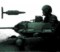 a drawing of a soldier in a tank with a missile coming out of it