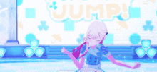 a girl in a blue dress is dancing in front of a screen that says jump