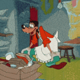 a cartoon of goofy in an apron looking at a book