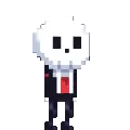 a pixel art of a skeleton in a suit and tie