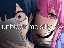 a man and a woman are looking at a cell phone with the words " unblock me silly < 3 " on the bottom