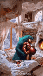 a godzilla and iron man are hugging each other on a bed in a cave .