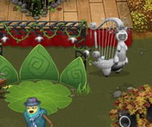 a cartoon character playing a harp in front of a stage