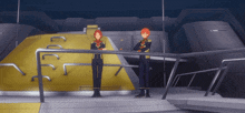 two anime characters are standing on a balcony with a sign that says danger on it