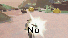 a video game scene with the word no in black letters