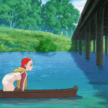 a cartoon of a girl in a boat in a lake