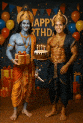 two men dressed as krishna and rama holding gifts and a cake in front of a happy birthday banner