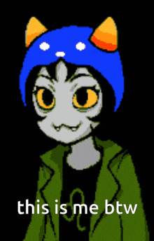 a pixel art drawing of a cat with the words this is me btw below it