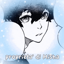 a black and white drawing of a person with the words proprieta di misha below it