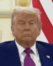 donald trump is wearing a blue suit and a purple tie .