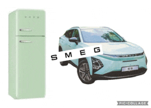 a green smeg refrigerator and a blue smeg car