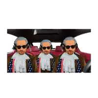 three men wearing sunglasses and headphones are sitting in the back seat of a car