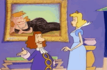 a cartoon of a man and a woman standing next to a painting