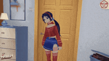 a girl in a red top and blue skirt is standing in front of a door in a room with a sign that says crymori