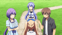 a group of anime characters are standing on a path in the grass