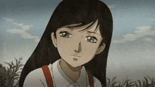 a cartoon girl with long hair and red suspenders