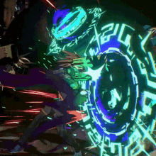 a video game character is being attacked by a purple and blue circle with the number 20 written on it
