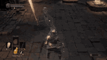 a screenshot of a video game shows a skeleton being attacked by a knight with a sword