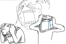 a black and white drawing of a man crying and a man holding a box .