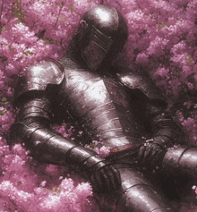 a knight in armor is laying under a cherry blossom tree