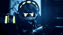 a cartoon character is sitting in a chair with the letter v on the bottom left