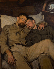 a painting of two men hugging each other
