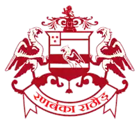 a red and white coat of arms with two eagles and a lion