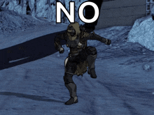 a cartoon character is standing in the snow with the word no written above him