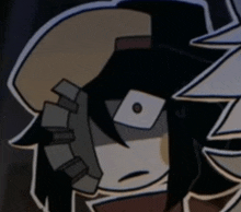 a close up of a cartoon character 's face with a serious look on his face