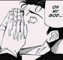 a black and white drawing of a man covering his face with his hands and the words `` oh my god '' .