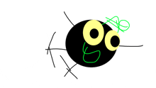 a drawing of a black bug with yellow eyes and a green bee on its head